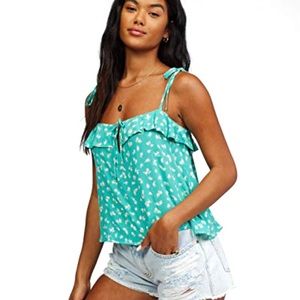 Billabong Going Out Ruffled Overlay Hem Green & White Floral Top Size M NEW